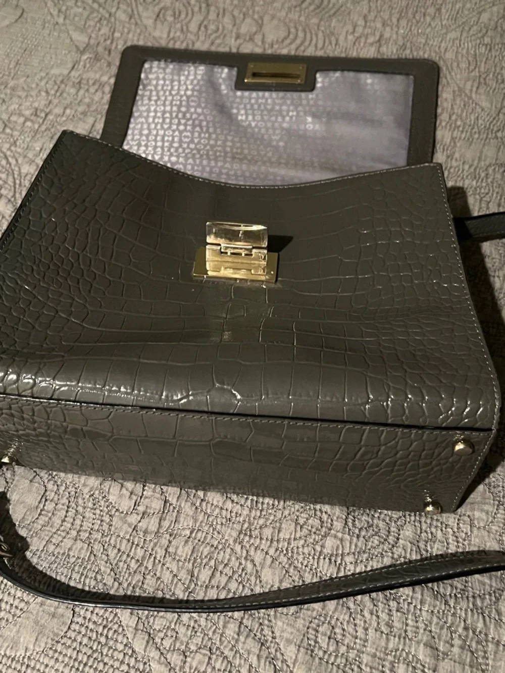 Kate Spade Doris Croc Embossed Dark Gray Patent Structured Tote Bag w/ 2 Handles